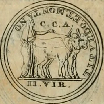 An illustration from Numismata ærea imperatorum, augustarum, et cæsarum, in coloniis, municilpiis, et urbibus jure latio donatis, ex omni modulo percussa, 1695, leaf 127