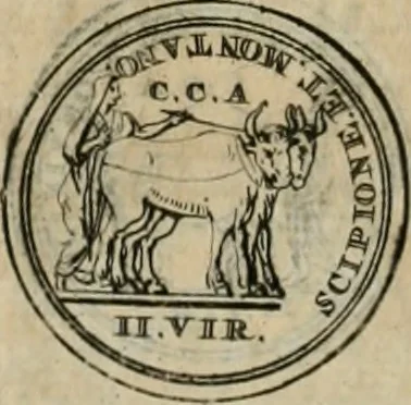 An illustration from Numismata ærea imperatorum, augustarum, et cæsarum, in coloniis, municilpiis, et urbibus jure latio donatis, ex omni modulo percussa, 1695, leaf 127