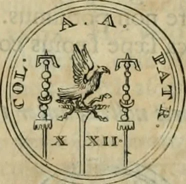 An illustration from Numismata ærea imperatorum, augustarum, et cæsarum, in coloniis, municilpiis, et urbibus jure latio donatis, ex omni modulo percussa, 1695, leaf 146