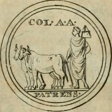 An illustration from Numismata ærea imperatorum, augustarum, et cæsarum, in coloniis, municilpiis, et urbibus jure latio donatis, ex omni modulo percussa, 1695, leaf 166