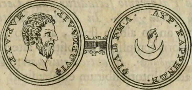 An illustration from Numismata ærea imperatorum, augustarum, et cæsarum, in coloniis, municilpiis, et urbibus jure latio donatis, ex omni modulo percussa, 1695, leaf 204