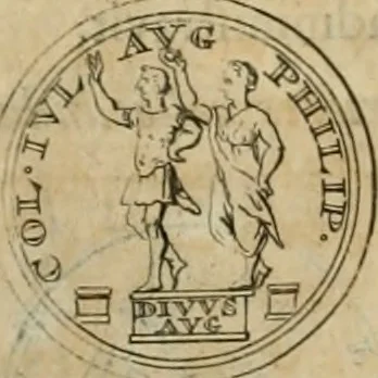 An illustration from Numismata ærea imperatorum, augustarum, et cæsarum, in coloniis, municilpiis, et urbibus jure latio donatis, ex omni modulo percussa, 1695, leaf 217