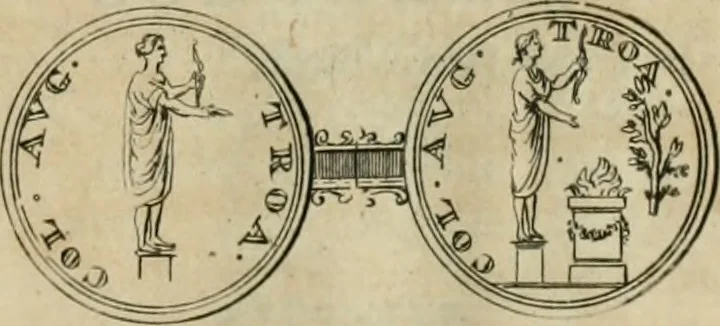 An illustration from Numismata ærea imperatorum, augustarum, et cæsarum, in coloniis, municilpiis, et urbibus jure latio donatis, ex omni modulo percussa, 1695, leaf 218