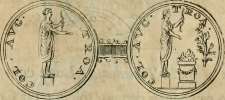 An illustration from Numismata ærea imperatorum, augustarum, et cæsarum, in coloniis, municilpiis, et urbibus jure latio donatis, ex omni modulo percussa, 1695, leaf 244