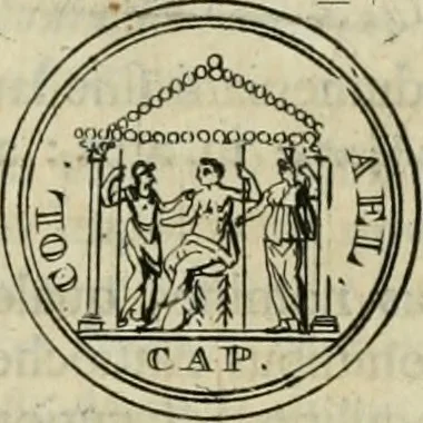 An illustration from Numismata ærea imperatorum, augustarum, et cæsarum, in coloniis, municilpiis, et urbibus jure latio donatis, ex omni modulo percussa, 1695, leaf 338