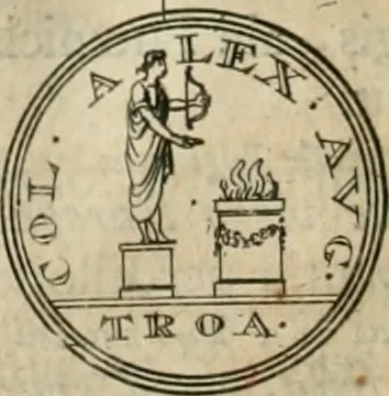 An illustration from Numismata ærea imperatorum, augustarum, et cæsarum, in coloniis, municilpiis, et urbibus jure latio donatis, ex omni modulo percussa, 1695, leaf 393