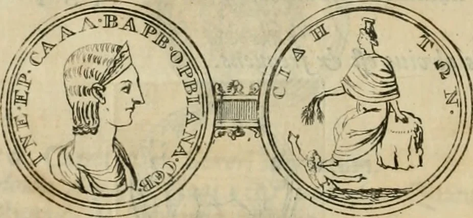 An illustration from Numismata ærea imperatorum, augustarum, et cæsarum, in coloniis, municilpiis, et urbibus jure latio donatis, ex omni modulo percussa, 1695, leaf 397