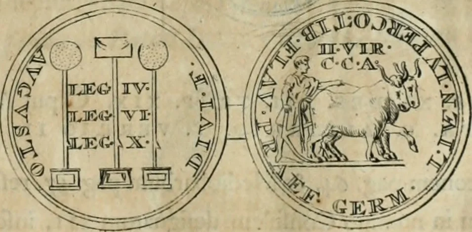 An illustration from Numismata ærea imperatorum, augustarum, et cæsarum, in coloniis, municilpiis, et urbibus jure latio donatis, ex omni modulo percussa, 1695, leaf 40