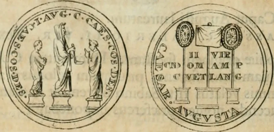 An illustration from Numismata ærea imperatorum, augustarum, et cæsarum, in coloniis, municilpiis, et urbibus jure latio donatis, ex omni modulo percussa, 1695, leaf 45