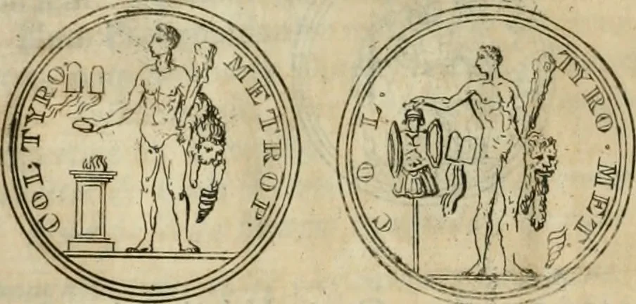 An illustration from Numismata ærea imperatorum, augustarum, et cæsarum, in coloniis, municilpiis, et urbibus jure latio donatis, ex omni modulo percussa, 1695, leaf 503
