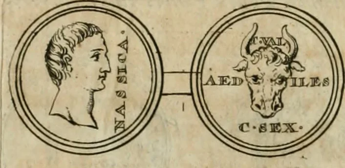 An illustration from Numismata ærea imperatorum, augustarum, et cæsarum, in coloniis, municilpiis, et urbibus jure latio donatis, ex omni modulo percussa, 1695, leaf 51
