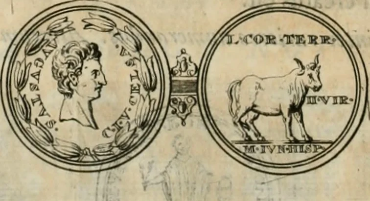 An illustration from Numismata ærea imperatorum, augustarum, et cæsarum, in coloniis, municilpiis, et urbibus jure latio donatis, ex omni modulo percussa, 1695, leaf 53
