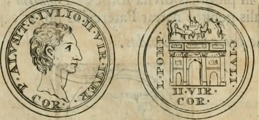 An illustration from Numismata ærea imperatorum, augustarum, et cæsarum, in coloniis, municilpiis, et urbibus jure latio donatis, ex omni modulo percussa, 1695, leaf 55