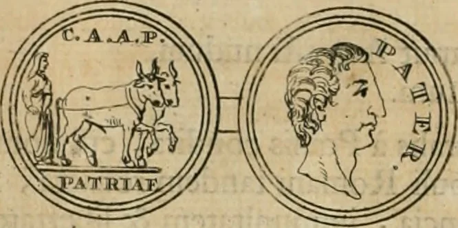 An illustration from Numismata ærea imperatorum, augustarum, et cæsarum, in coloniis, municilpiis, et urbibus jure latio donatis, ex omni modulo percussa, 1695, leaf 65