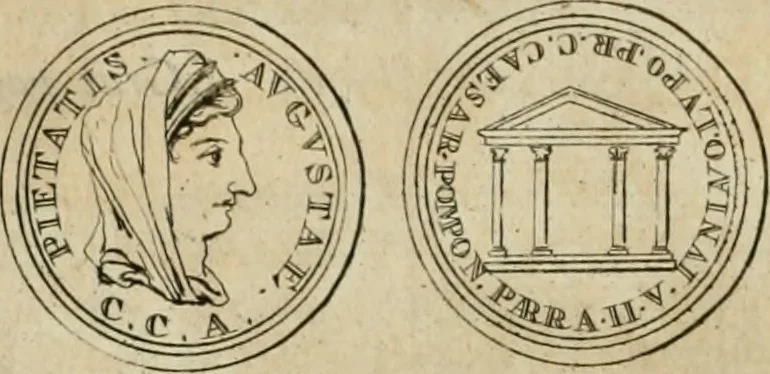 An illustration from Numismata ærea imperatorum, augustarum, et cæsarum, in coloniis, municilpiis, et urbibus jure latio donatis, ex omni modulo percussa, 1695, leaf 75