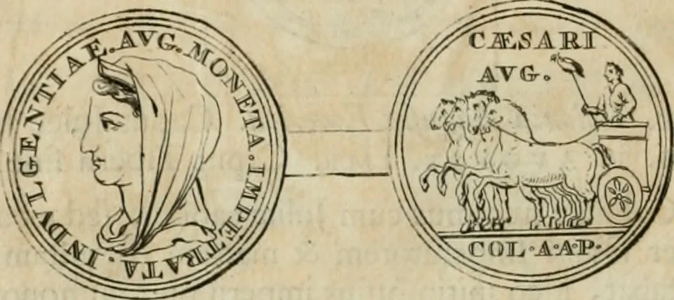 An illustration from Numismata ærea imperatorum, augustarum, et cæsarum, in coloniis, municilpiis, et urbibus jure latio donatis, ex omni modulo percussa, 1695, leaf 77
