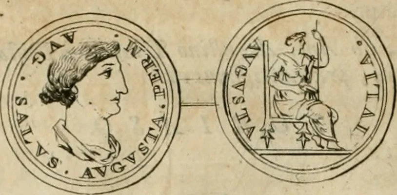 An illustration from Numismata ærea imperatorum, augustarum, et cæsarum, in coloniis, municilpiis, et urbibus jure latio donatis, ex omni modulo percussa, 1695, leaf 79