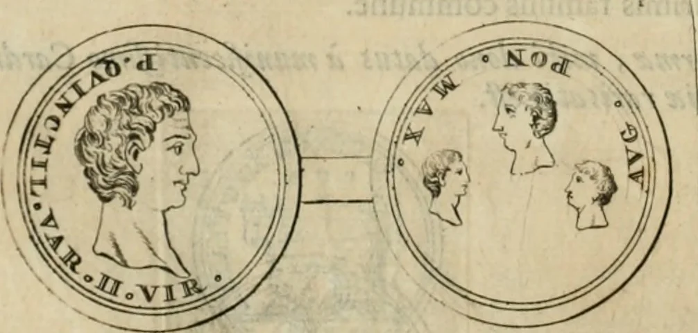 An illustration from Numismata ærea imperatorum, augustarum, et cæsarum, in coloniis, municilpiis, et urbibus jure latio donatis, ex omni modulo percussa, 1695, leaf 81