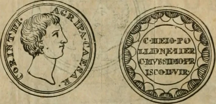 An illustration from Numismata ærea imperatorum, augustarum, et cæsarum, in coloniis, municilpiis, et urbibus jure latio donatis, ex omni modulo percussa, 1695, leaf 87