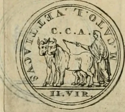 An illustration from Numismata ærea imperatorum, augustarum, et cæsarum, in coloniis, municilpiis, et urbibus jure latio donatis, ex omni modulo percussa, 1695, leaf 93