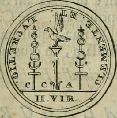 An illustration from Numismata ærea imperatorum, augustarum, et cæsarum, in coloniis, municilpiis, et urbibus jure latio donatis, ex omni modulo percussa, 1695, leaf 94