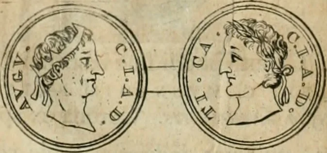 An illustration from Numismata ærea imperatorum, augustarum, et cæsarum, in coloniis, municilpiis, et urbibus jure latio donatis, ex omni modulo percussa, 1695, leaf 99