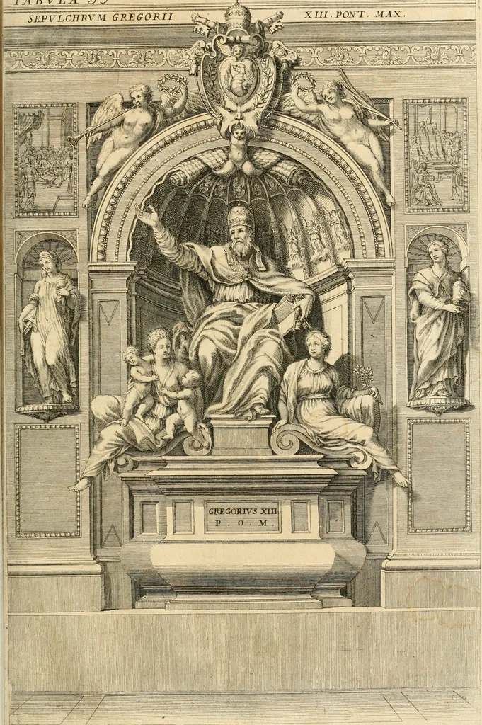 An illustration from Numismata summorum pontificum Templi Vaticani fabricam indicantia, chronologica ejusdem fabricae narratione ac multiplici eruditione explicata. Atque uberiori numismatum omnium pontificiorum lucubrationi veluti prodromus praemissa, 1700, leaf 172