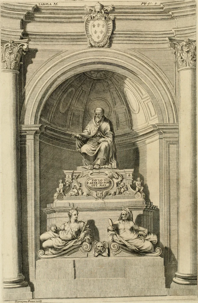 An illustration from Numismata summorum pontificum Templi Vaticani fabricam indicantia, chronologica ejusdem fabricae narratione ac multiplici eruditione explicata. Atque uberiori numismatum omnium pontificiorum lucubrationi veluti prodromus praemissa, 1700, leaf 175