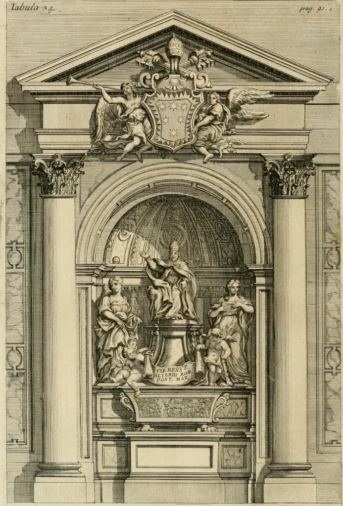 An illustration from Numismata summorum pontificum Templi Vaticani fabricam indicantia, chronologica ejusdem fabricae narratione ac multiplici eruditione explicata. Atque uberiori numismatum omnium pontificiorum lucubrationi veluti prodromus praemissa, 1700, leaf 181