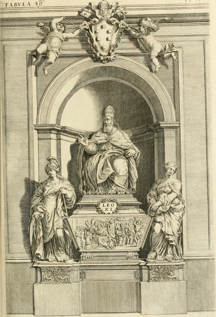 An illustration from Numismata summorum pontificum Templi Vaticani fabricam indicantia, chronologica ejusdem fabricae narratione ac multiplici eruditione explicata. Atque uberiori numismatum omnium pontificiorum lucubrationi veluti prodromus praemissa, 1700, leaf 188