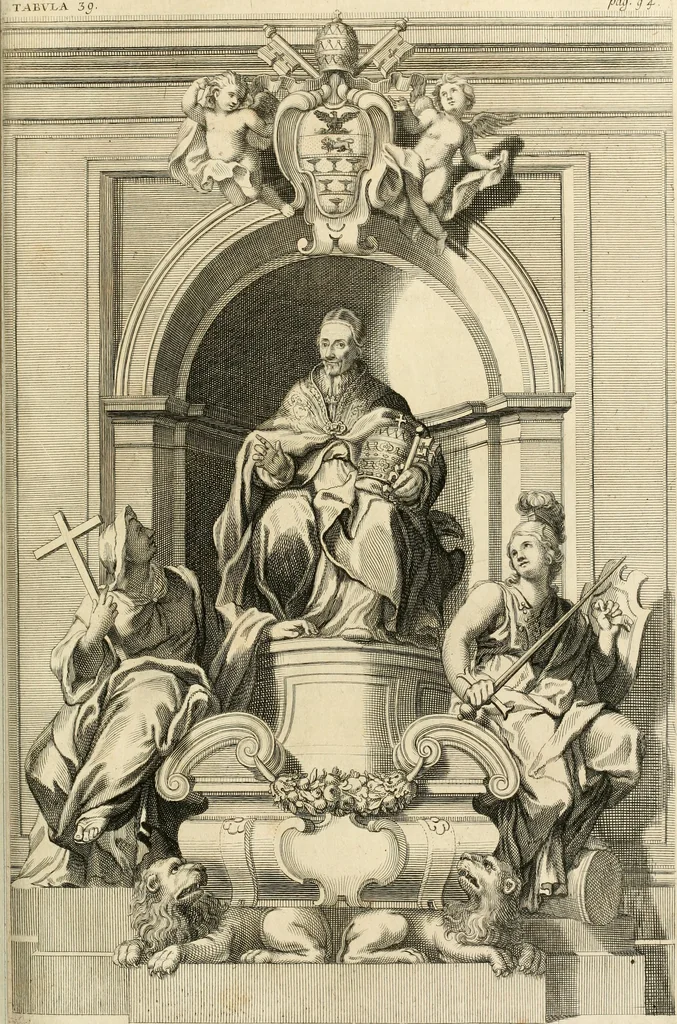 An illustration from Numismata summorum pontificum Templi Vaticani fabricam indicantia, chronologica ejusdem fabricae narratione ac multiplici eruditione explicata. Atque uberiori numismatum omnium pontificiorum lucubrationi veluti prodromus praemissa, 1700, leaf 190