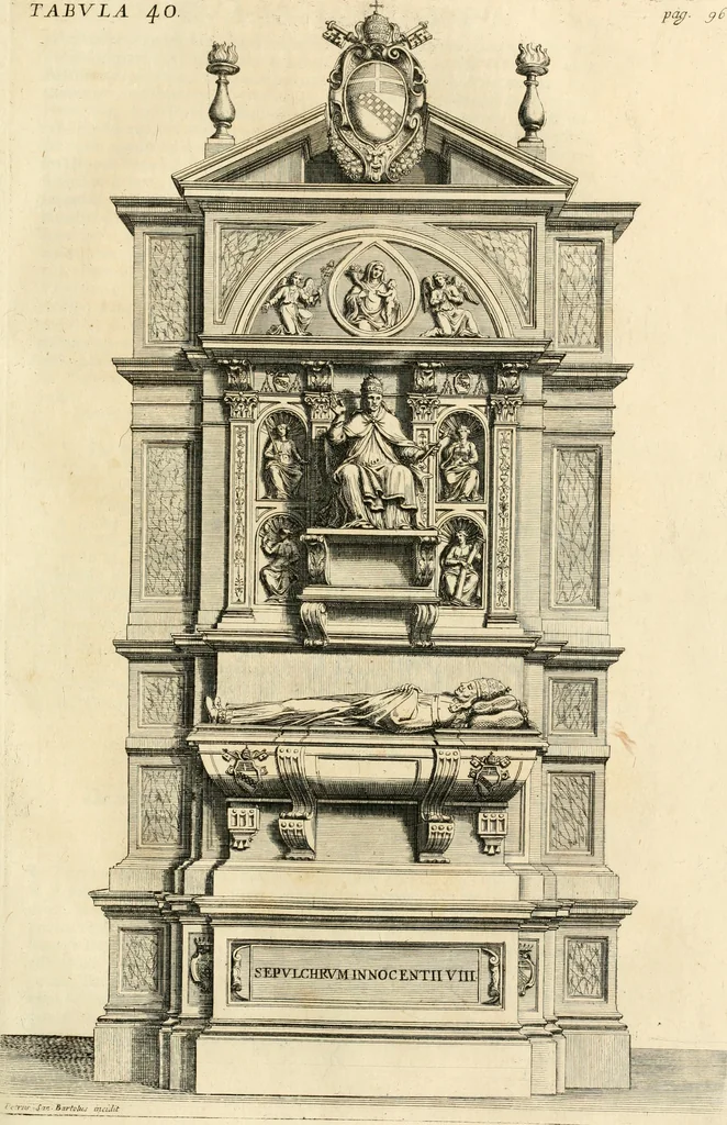 An illustration from Numismata summorum pontificum Templi Vaticani fabricam indicantia, chronologica ejusdem fabricae narratione ac multiplici eruditione explicata. Atque uberiori numismatum omnium pontificiorum lucubrationi veluti prodromus praemissa, 1700, leaf 194