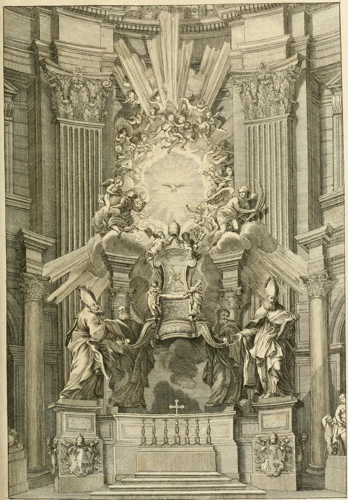 An illustration from Numismata summorum pontificum Templi Vaticani fabricam indicantia, chronologica ejusdem fabricae narratione ac multiplici eruditione explicata. Atque uberiori numismatum omnium pontificiorum lucubrationi veluti prodromus praemissa, 1700, leaf 218