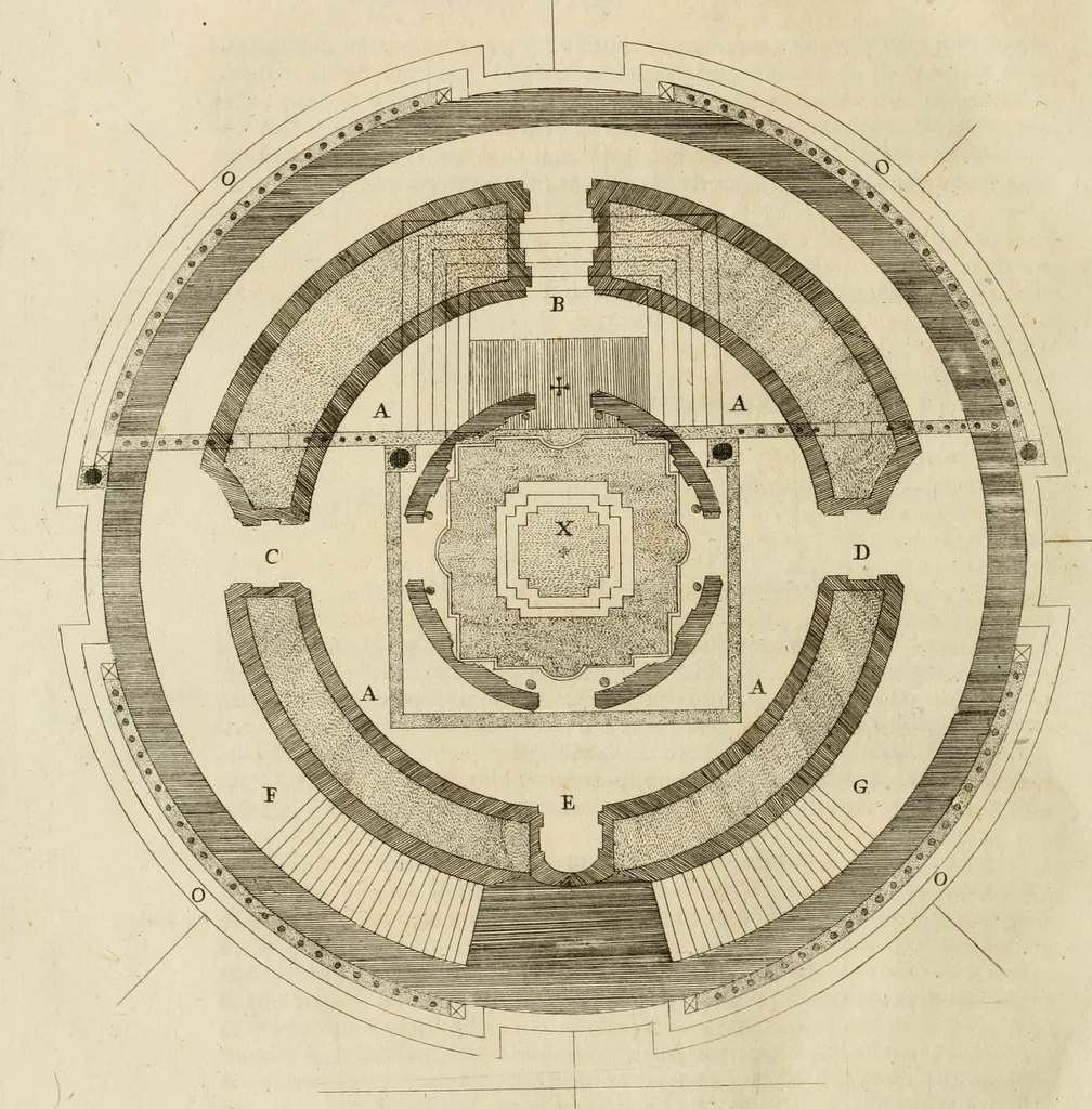 An illustration from Numismata summorum pontificum Templi Vaticani fabricam indicantia, chronologica ejusdem fabricae narratione ac multiplici eruditione explicata. Atque uberiori numismatum omnium pontificiorum lucubrationi veluti prodromus praemissa, 1700, leaf 233