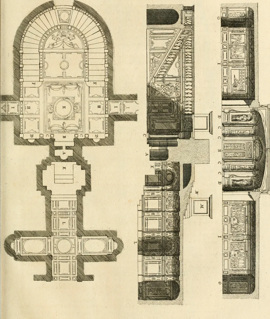 An illustration from Numismata summorum pontificum Templi Vaticani fabricam indicantia, chronologica ejusdem fabricae narratione ac multiplici eruditione explicata. Atque uberiori numismatum omnium pontificiorum lucubrationi veluti prodromus praemissa, 1700, leaf 236