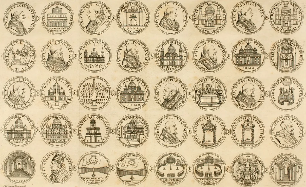 An illustration from Numismata summorum pontificum Templi Vaticani fabricam indicantia, chronologica ejusdem fabricae narratione ac multiplici eruditione explicata. Atque uberiori numismatum omnium pontificiorum lucubrationi veluti prodromus praemissa, 1700, leaf 26