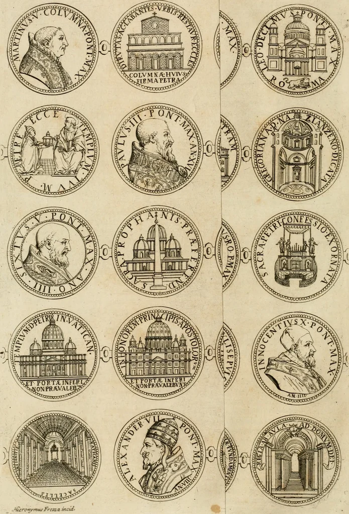 An illustration from Numismata summorum pontificum Templi Vaticani fabricam indicantia, chronologica ejusdem fabricae narratione ac multiplici eruditione explicata. Atque uberiori numismatum omnium pontificiorum lucubrationi veluti prodromus praemissa, 1700, leaf 27
