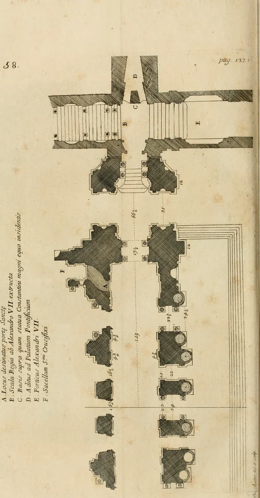 An illustration from Numismata summorum pontificum Templi Vaticani fabricam indicantia, chronologica ejusdem fabricae narratione ac multiplici eruditione explicata. Atque uberiori numismatum omnium pontificiorum lucubrationi veluti prodromus praemissa, 1700, leaf 275