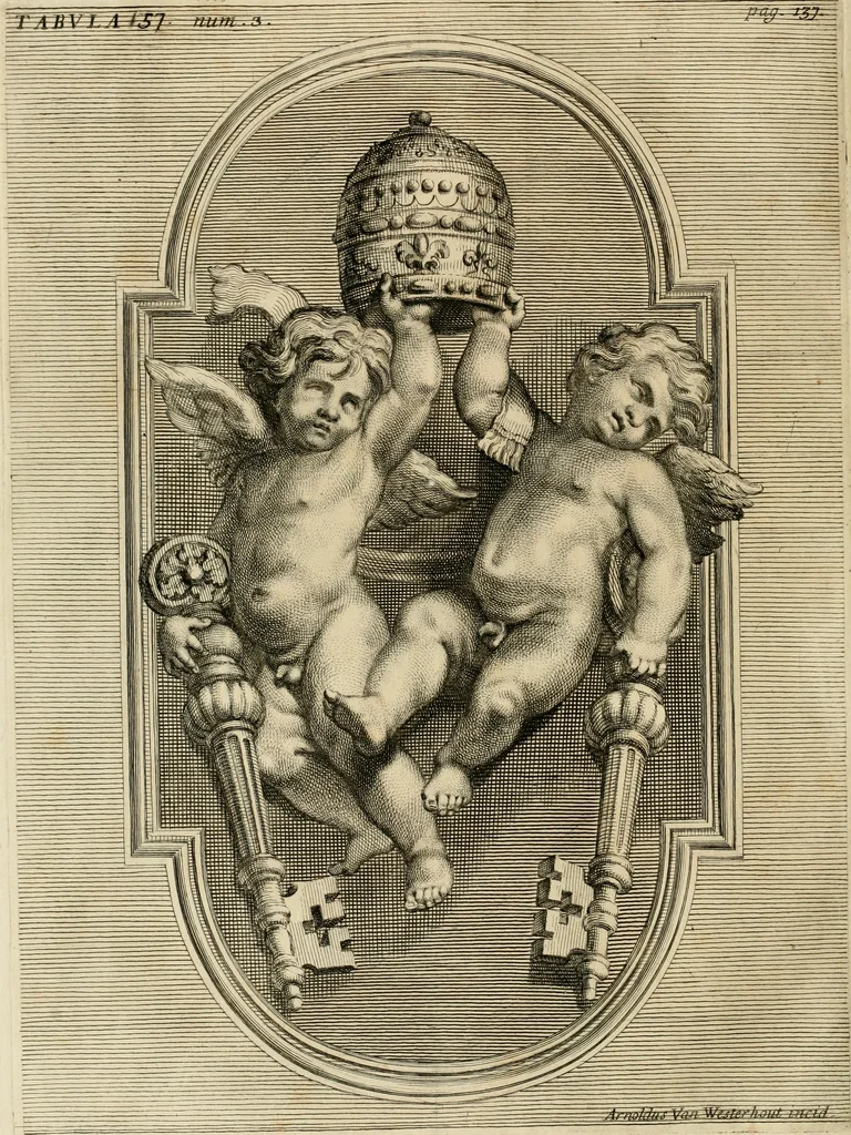 An illustration from Numismata summorum pontificum Templi Vaticani fabricam indicantia, chronologica ejusdem fabricae narratione ac multiplici eruditione explicata. Atque uberiori numismatum omnium pontificiorum lucubrationi veluti prodromus praemissa, 1700, leaf 279