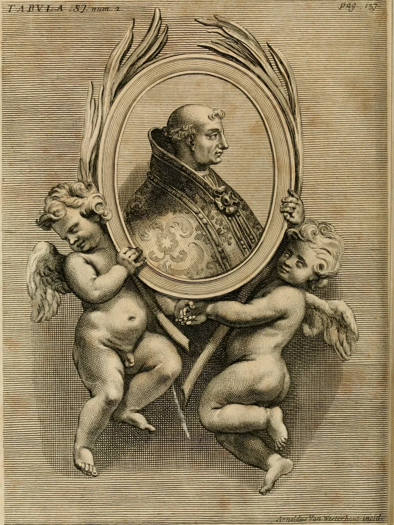 An illustration from Numismata summorum pontificum Templi Vaticani fabricam indicantia, chronologica ejusdem fabricae narratione ac multiplici eruditione explicata. Atque uberiori numismatum omnium pontificiorum lucubrationi veluti prodromus praemissa, 1700, leaf 281