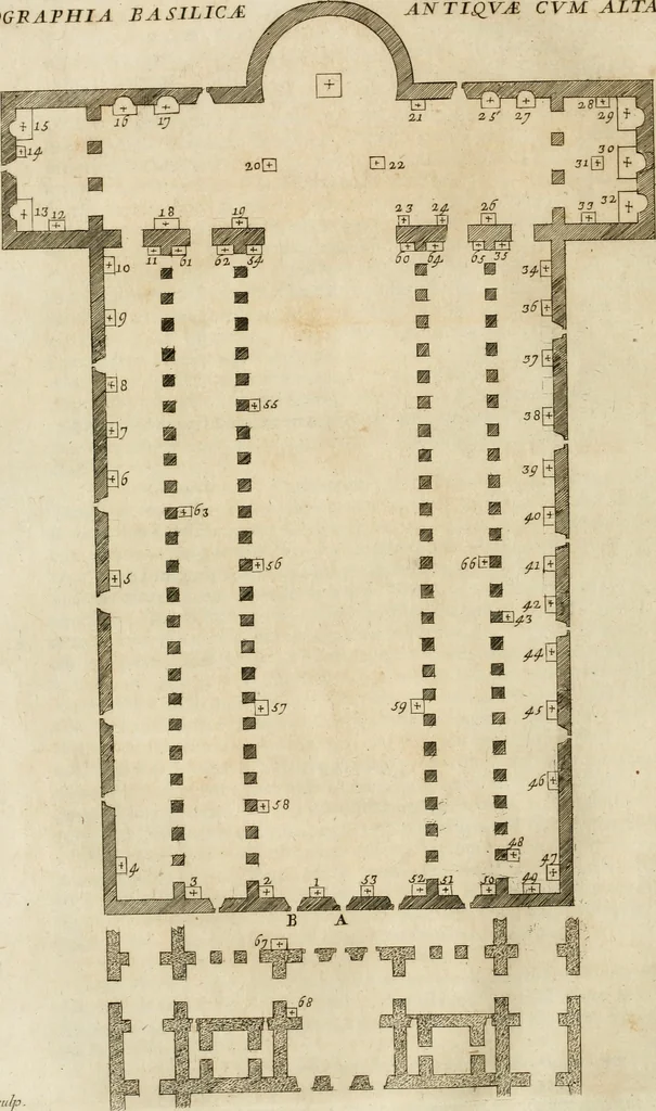 An illustration from Numismata summorum pontificum Templi Vaticani fabricam indicantia, chronologica ejusdem fabricae narratione ac multiplici eruditione explicata. Atque uberiori numismatum omnium pontificiorum lucubrationi veluti prodromus praemissa, 1700, leaf 57
