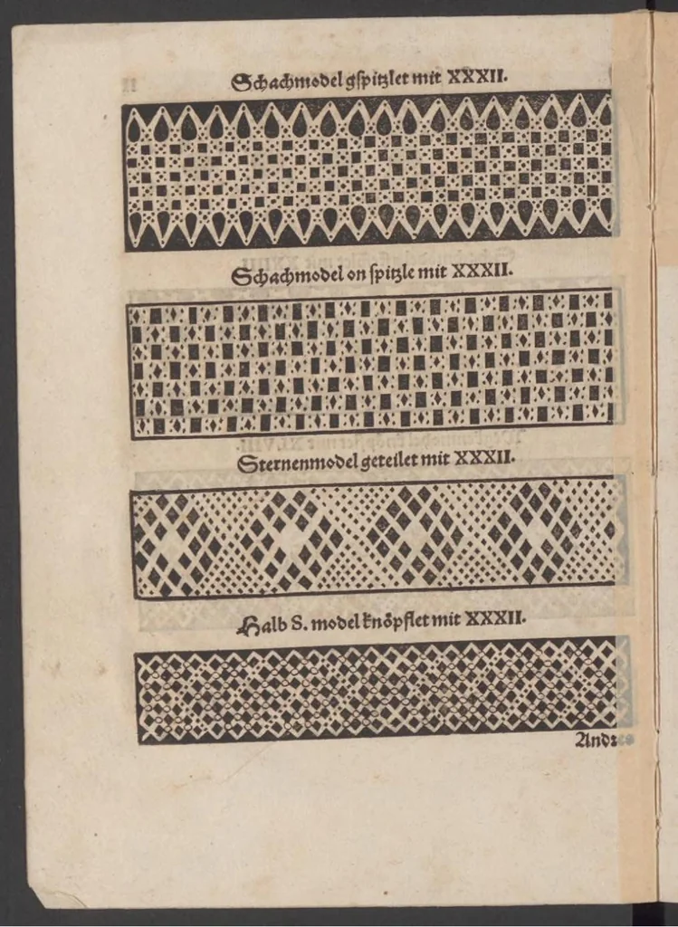 An illustration from Nüw Modelbuoch : allerley Gattungen Däntelschnür, so diser Zyt in hoch Tütschlanden geng und brüchig sind / zuo Underricht jren Leertöchteren unnd allen anderen Schnürwürckeren zuo Zürych und wo die sind yetz nüwlich zuobereit und erstmals in Truck verfergket durch R. M., 1561, leaf 11
