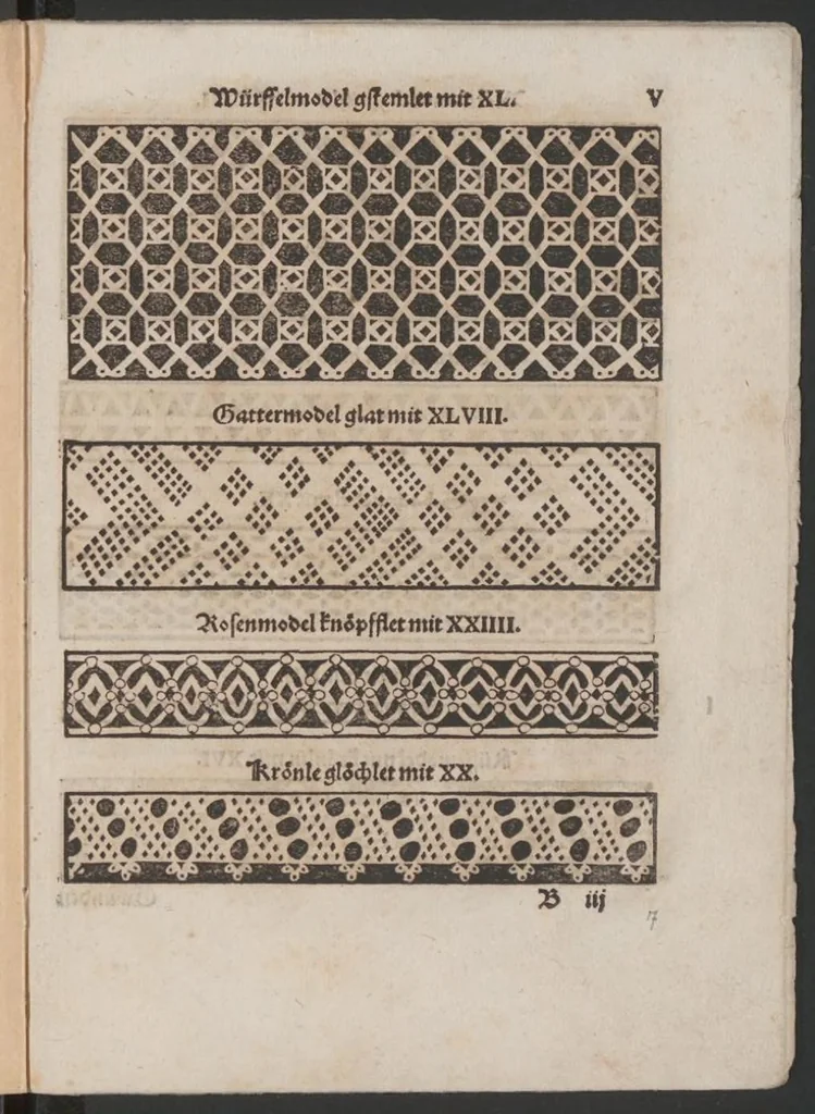 An illustration from Nüw Modelbuoch : allerley Gattungen Däntelschnür, so diser Zyt in hoch Tütschlanden geng und brüchig sind / zuo Underricht jren Leertöchteren unnd allen anderen Schnürwürckeren zuo Zürych und wo die sind yetz nüwlich zuobereit und erstmals in Truck verfergket durch R. M., 1561, leaf 16