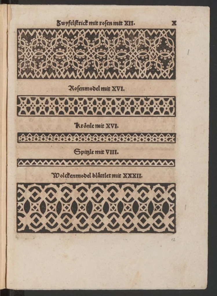 An illustration from Nüw Modelbuoch : allerley Gattungen Däntelschnür, so diser Zyt in hoch Tütschlanden geng und brüchig sind / zuo Underricht jren Leertöchteren unnd allen anderen Schnürwürckeren zuo Zürych und wo die sind yetz nüwlich zuobereit und erstmals in Truck verfergket durch R. M., 1561, leaf 26