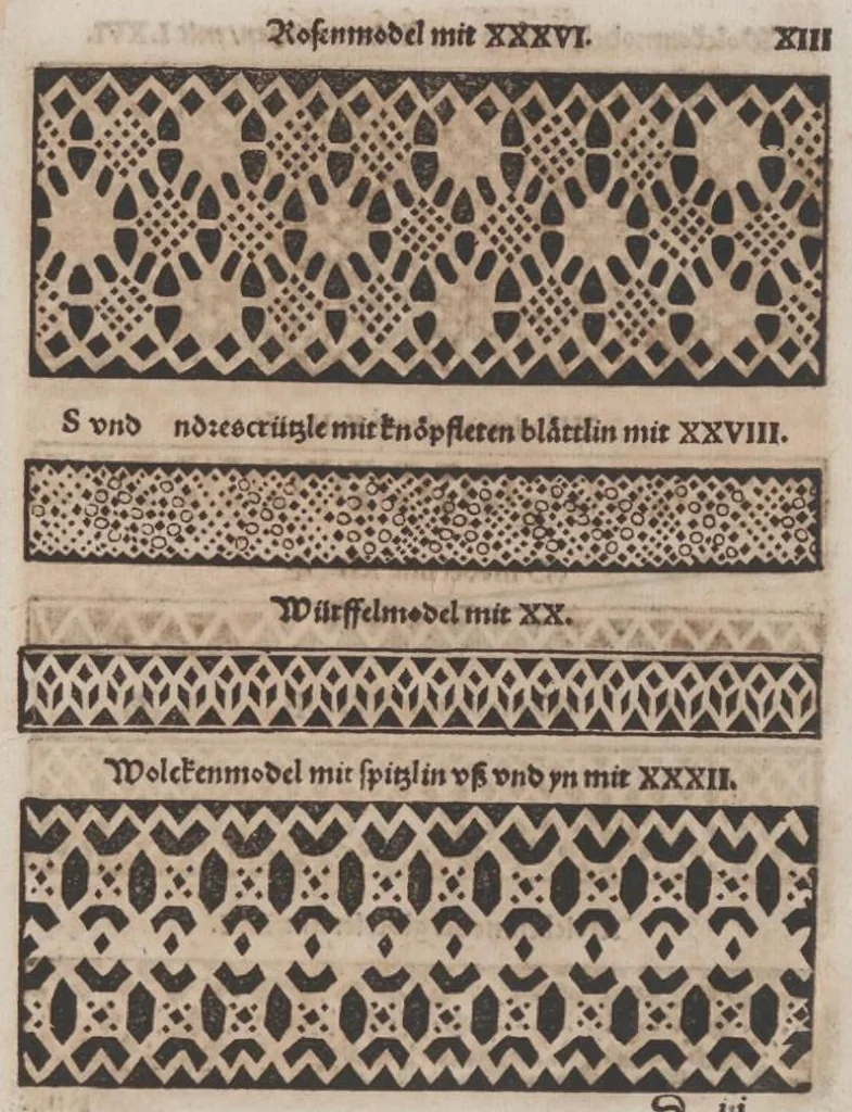 An illustration from Nüw Modelbuoch : allerley Gattungen Däntelschnür, so diser Zyt in hoch Tütschlanden geng und brüchig sind / zuo Underricht jren Leertöchteren unnd allen anderen Schnürwürckeren zuo Zürych und wo die sind yetz nüwlich zuobereit und erstmals in Truck verfergket durch R. M., 1561, leaf 32