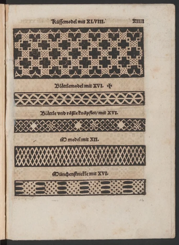 An illustration from Nüw Modelbuoch : allerley Gattungen Däntelschnür, so diser Zyt in hoch Tütschlanden geng und brüchig sind / zuo Underricht jren Leertöchteren unnd allen anderen Schnürwürckeren zuo Zürych und wo die sind yetz nüwlich zuobereit und erstmals in Truck verfergket durch R. M., 1561, leaf 34
