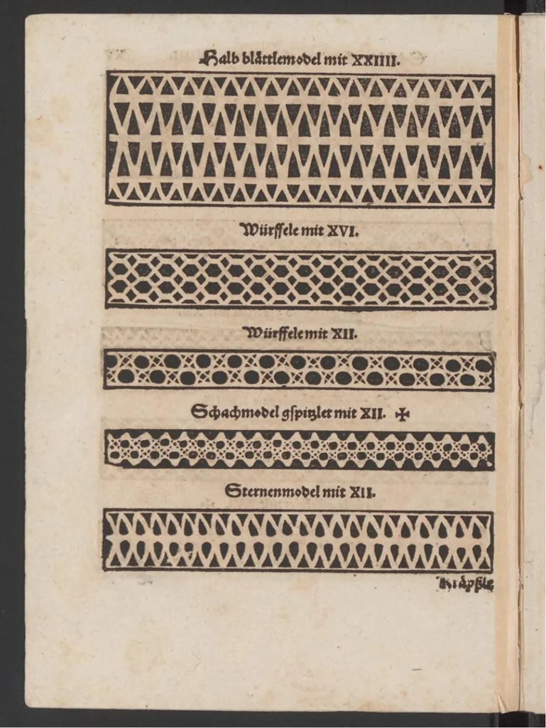 An illustration from Nüw Modelbuoch : allerley Gattungen Däntelschnür, so diser Zyt in hoch Tütschlanden geng und brüchig sind / zuo Underricht jren Leertöchteren unnd allen anderen Schnürwürckeren zuo Zürych und wo die sind yetz nüwlich zuobereit und erstmals in Truck verfergket durch R. M., 1561, leaf 37