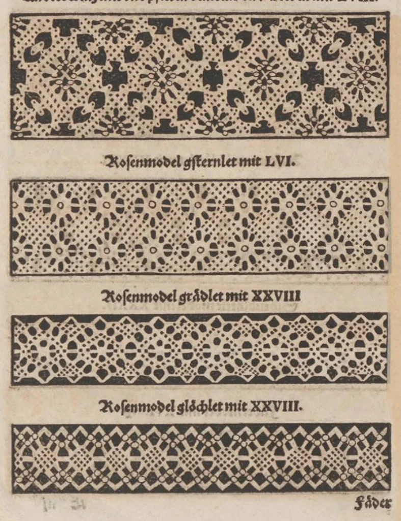 An illustration from Nüw Modelbuoch : allerley Gattungen Däntelschnür, so diser Zyt in hoch Tütschlanden geng und brüchig sind / zuo Underricht jren Leertöchteren unnd allen anderen Schnürwürckeren zuo Zürych und wo die sind yetz nüwlich zuobereit und erstmals in Truck verfergket durch R. M., 1561, leaf 41