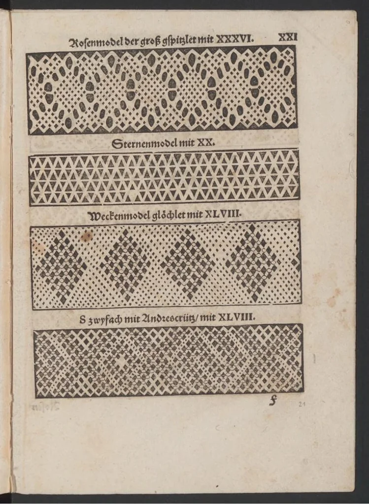 An illustration from Nüw Modelbuoch : allerley Gattungen Däntelschnür, so diser Zyt in hoch Tütschlanden geng und brüchig sind / zuo Underricht jren Leertöchteren unnd allen anderen Schnürwürckeren zuo Zürych und wo die sind yetz nüwlich zuobereit und erstmals in Truck verfergket durch R. M., 1561, leaf 44