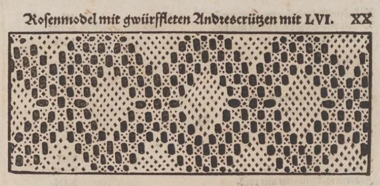 An illustration from Nüw Modelbuoch : allerley Gattungen Däntelschnür, so diser Zyt in hoch Tütschlanden geng und brüchig sind / zuo Underricht jren Leertöchteren unnd allen anderen Schnürwürckeren zuo Zürych und wo die sind yetz nüwlich zuobereit und erstmals in Truck verfergket durch R. M., 1561, leaf 46